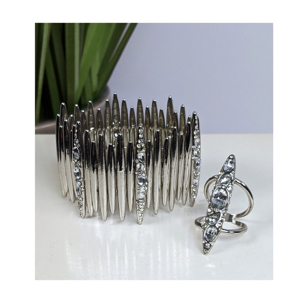 JLO by Jennifer Lopez Wide Stretch Bracelet & Ring Set Silver with Crystal NWOT